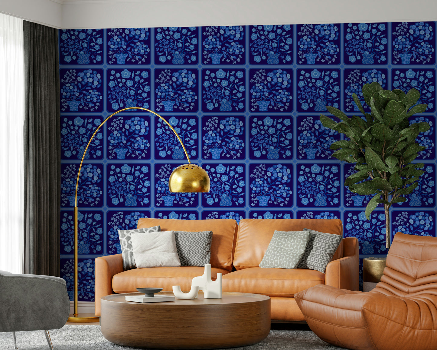 Flower Bouquet Tiles Floral Dark Delft Blue Wallpaper⁠