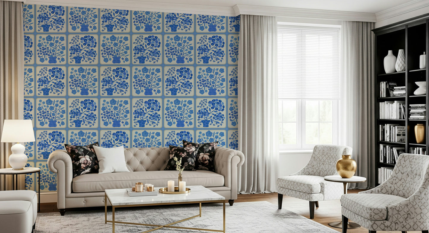 Flower Bouquet Tiles Floral Light Delft Blue and White Wallpaper⁠