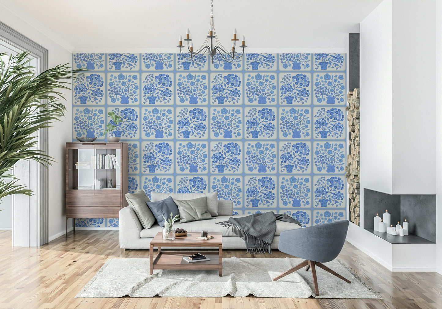 Flower Bouquet Tiles Floral Light Delft Blue and White Wallpaper⁠