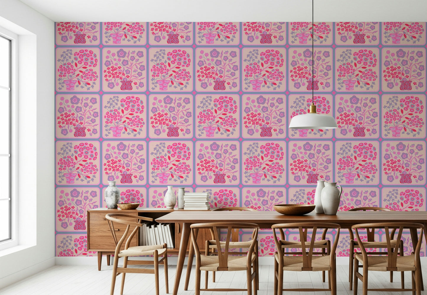 Flower Bouquet Tiles Floral Pretty Pink Red Fuchsia Lavender Purple Wallpaper⁠