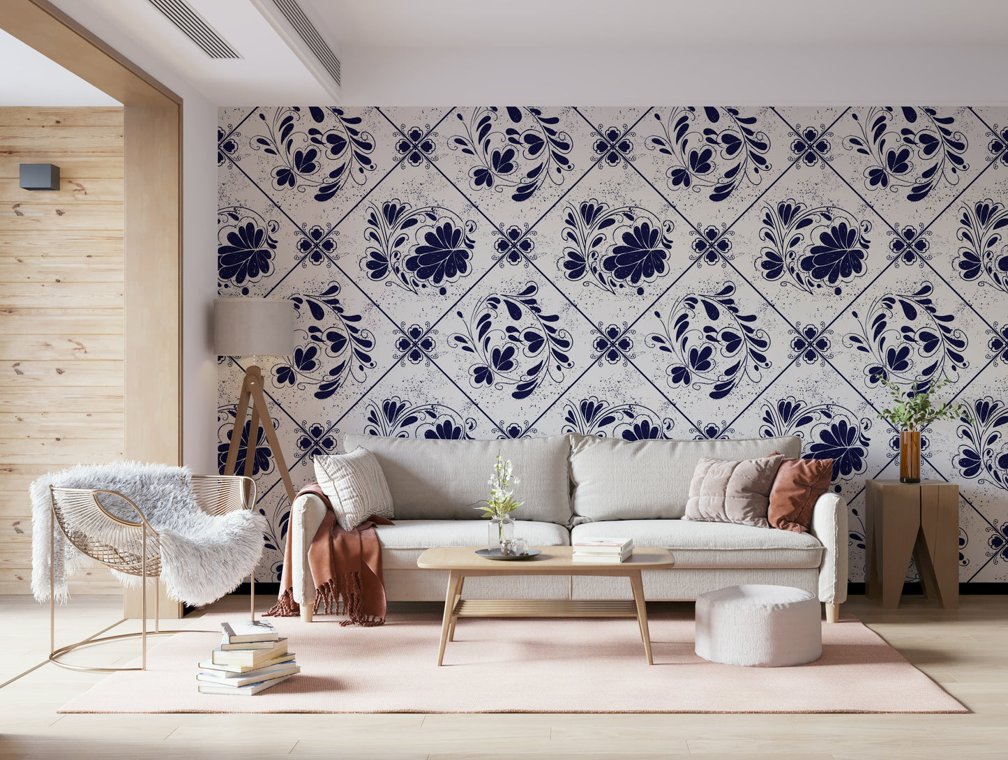 Vintage Indigo Floral Tiles Wallpaper⁠