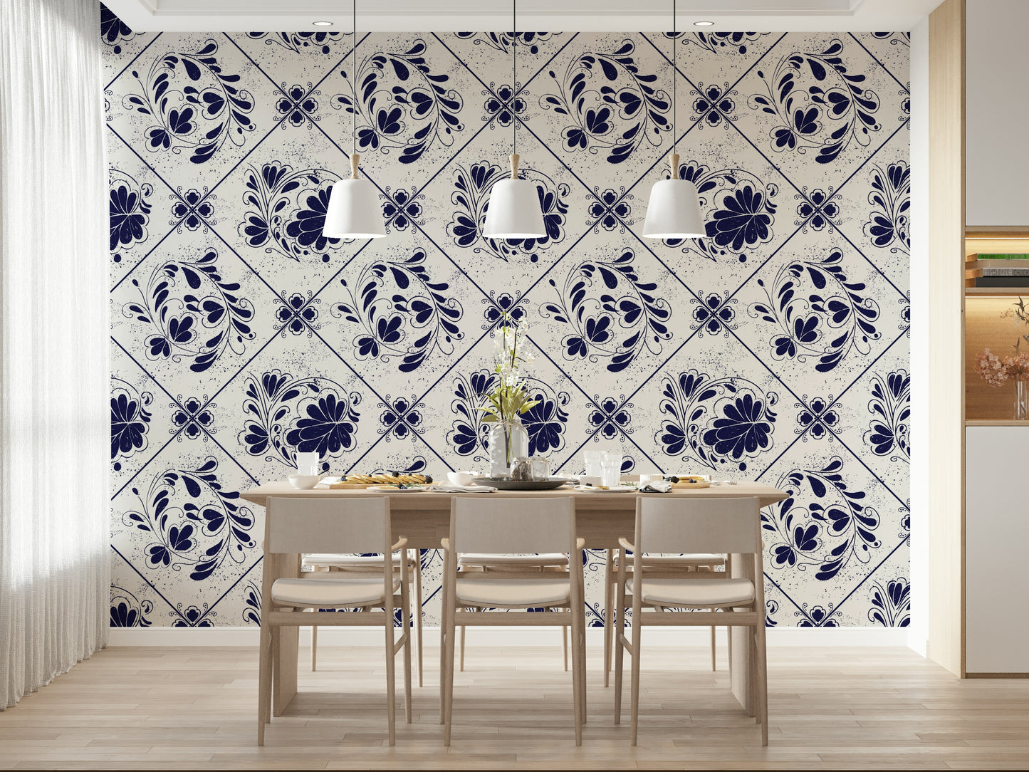Vintage Indigo Floral Tiles Wallpaper⁠