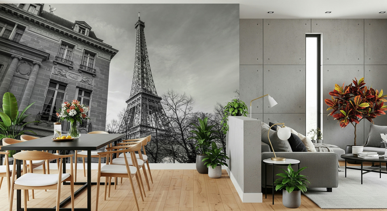 Old building next to Eiffel tower Wall Mural