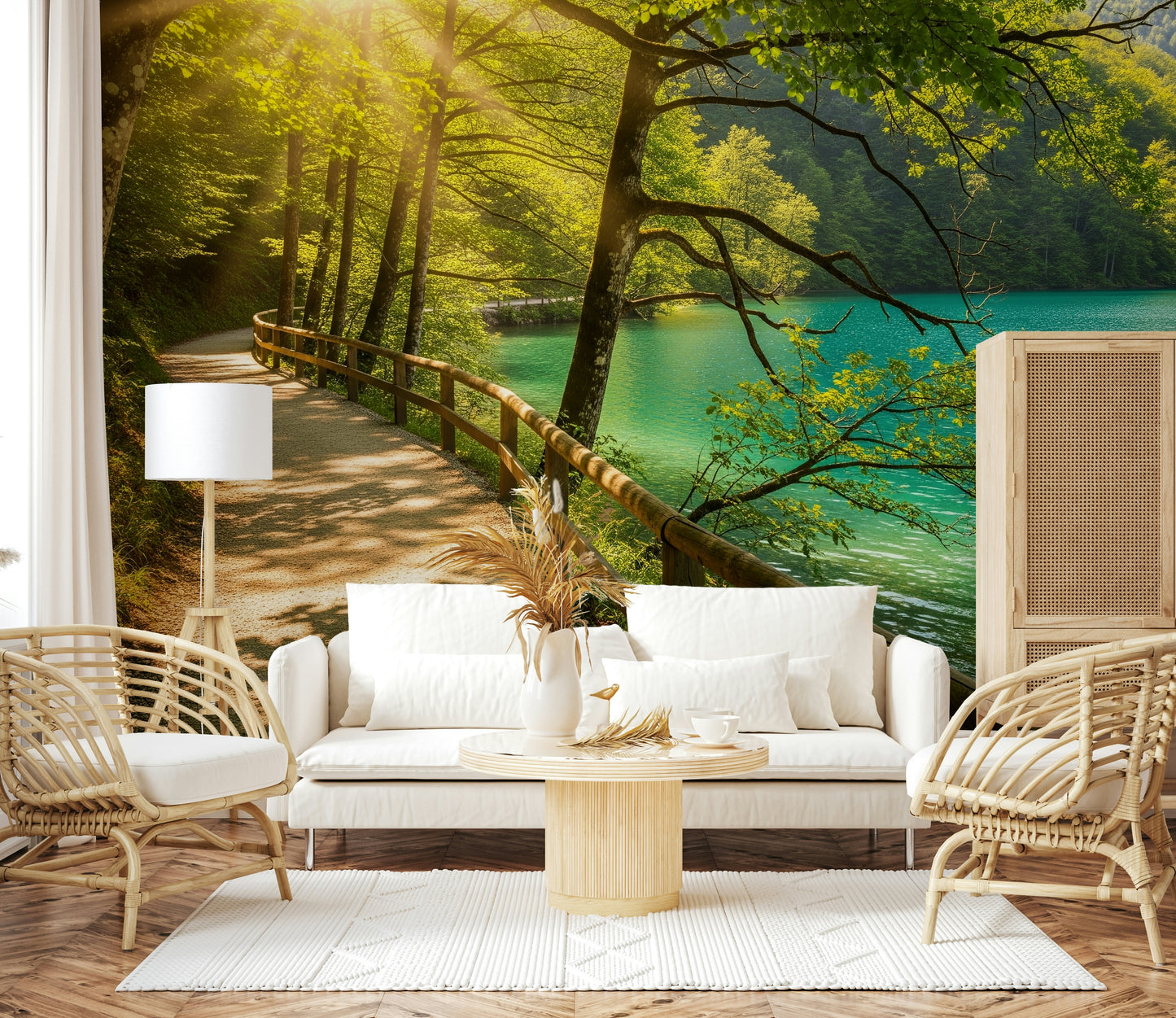 Sunlit Lakeside Path Wall Mural