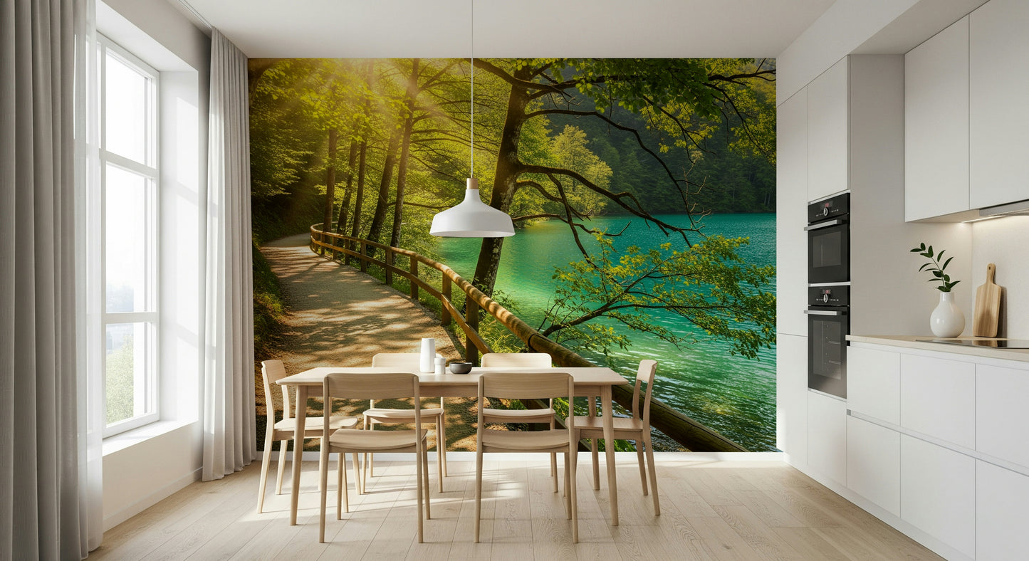 Sunlit Lakeside Path Wall Mural