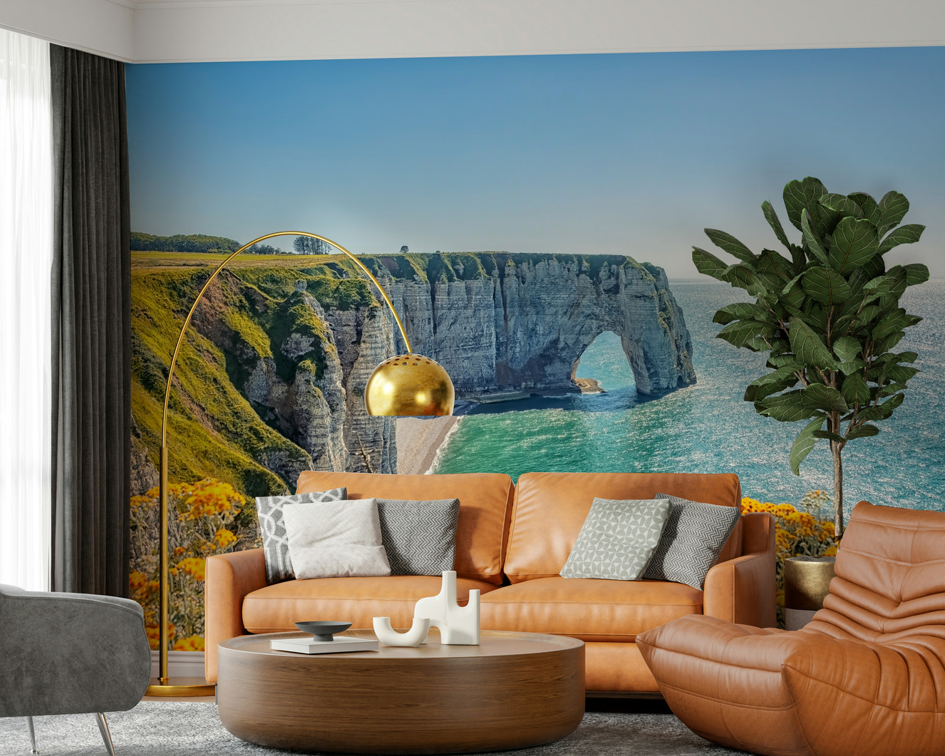 Yellow bloom flowers on Etretat cliffs wall mural, green color tones with ocean wallpaper feel