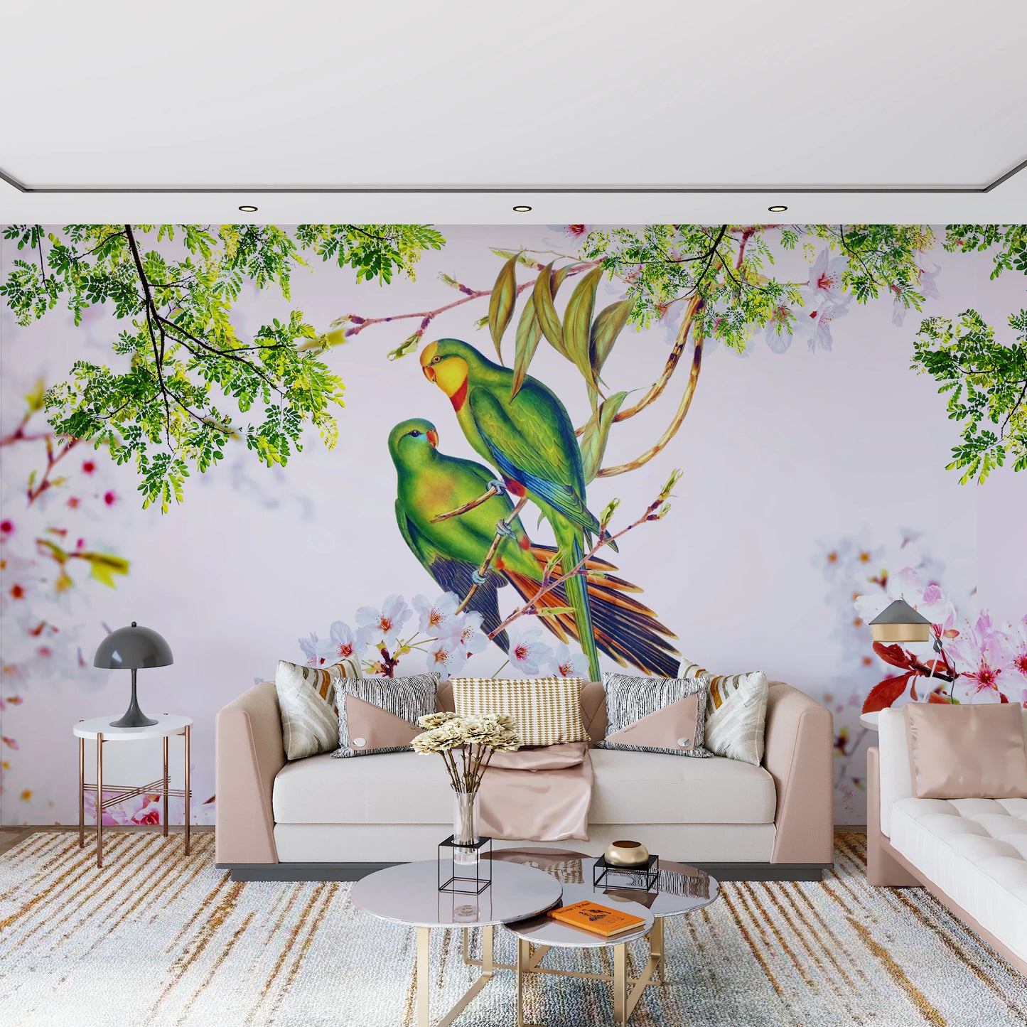 Cherry Blossom Parrots Wall Mural