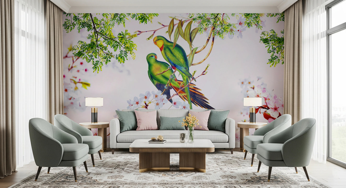 Cherry Blossom Parrots Wall Mural