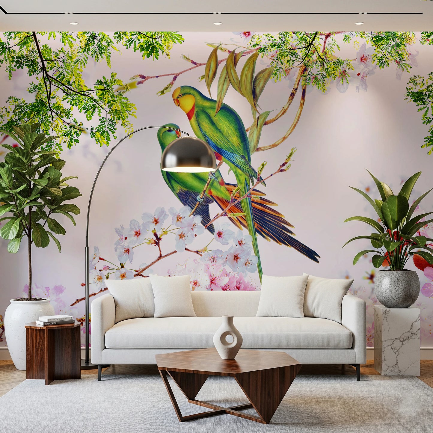 Cherry Blossom Parrots Wall Mural