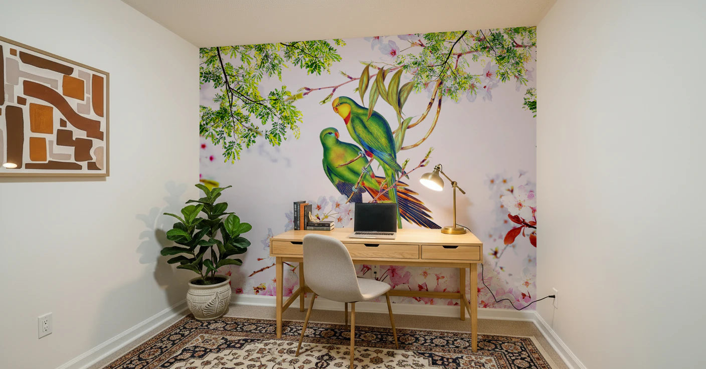 Cherry Blossom Parrots Wall Mural
