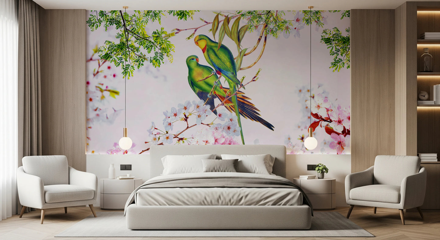 Cherry Blossom Parrots Wall Mural