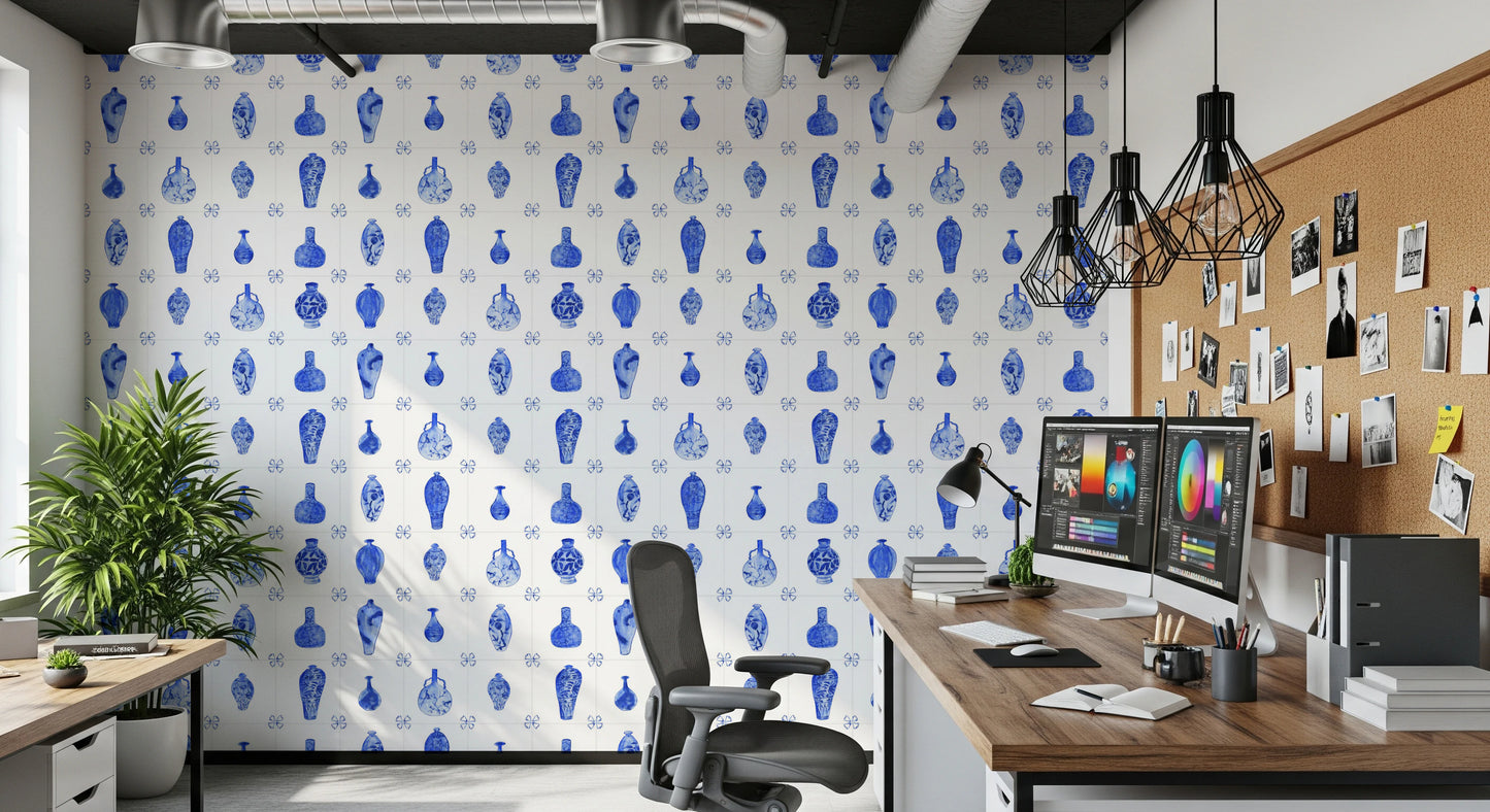 Delft Tile Blue & White Porcelain Wallpaper⁠