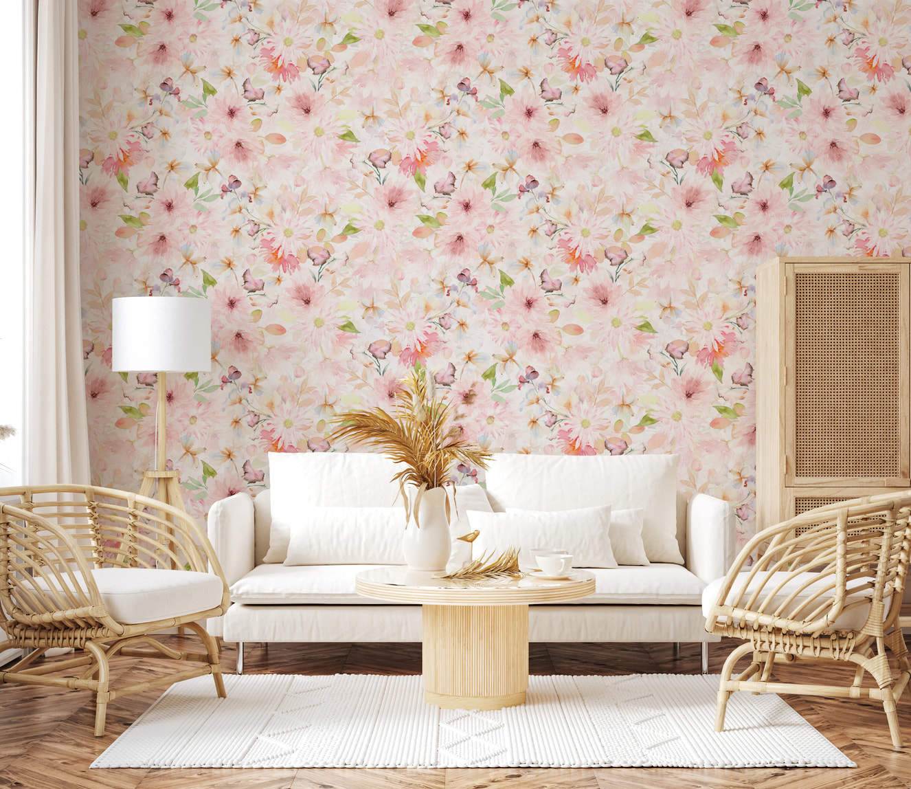 Soft Floral Pink Meadow Wallpaper⁠