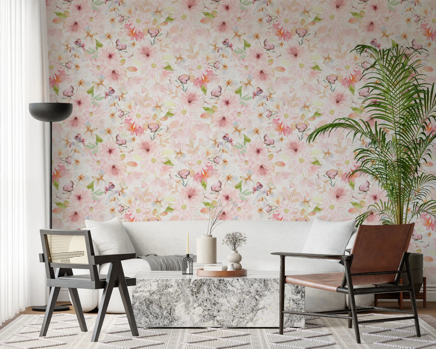 Soft Floral Pink Meadow Wallpaper⁠