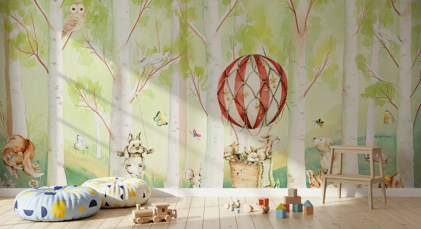 Woodland Whimsical Animals Balloon Ride Wall Mural