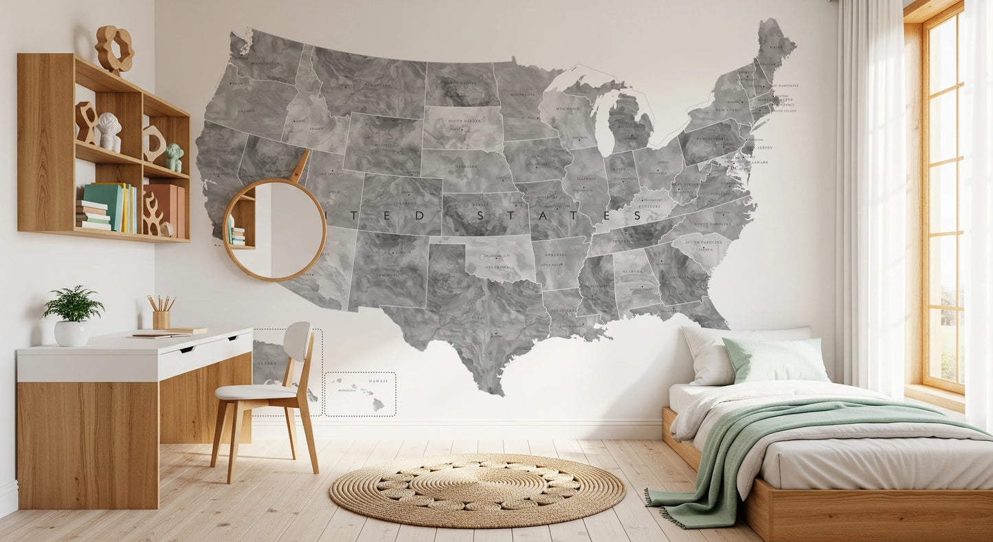 USA map with states and capitals in gray watercolor Wall Mural