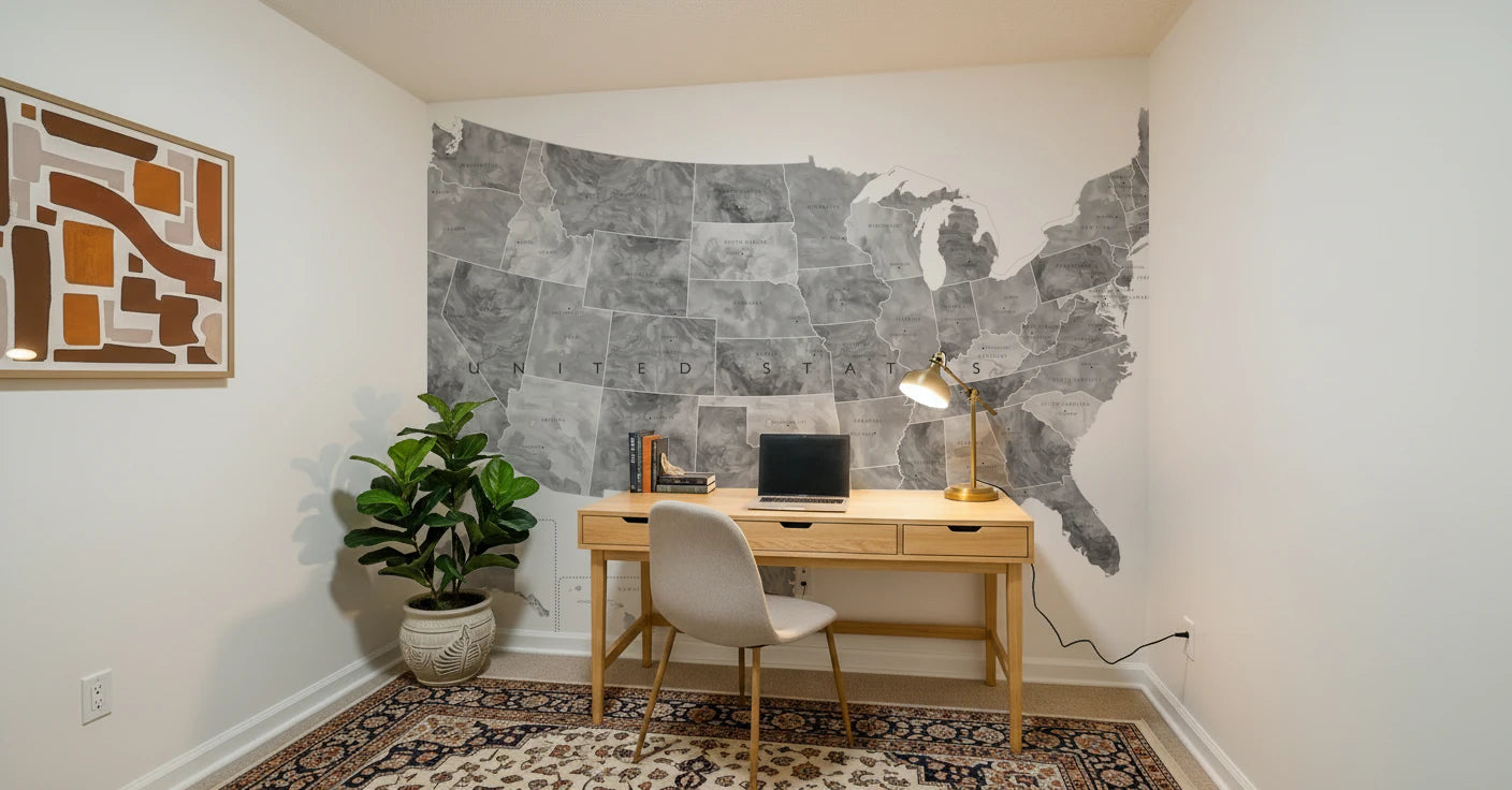 USA map with states and capitals in gray watercolor Wall Mural