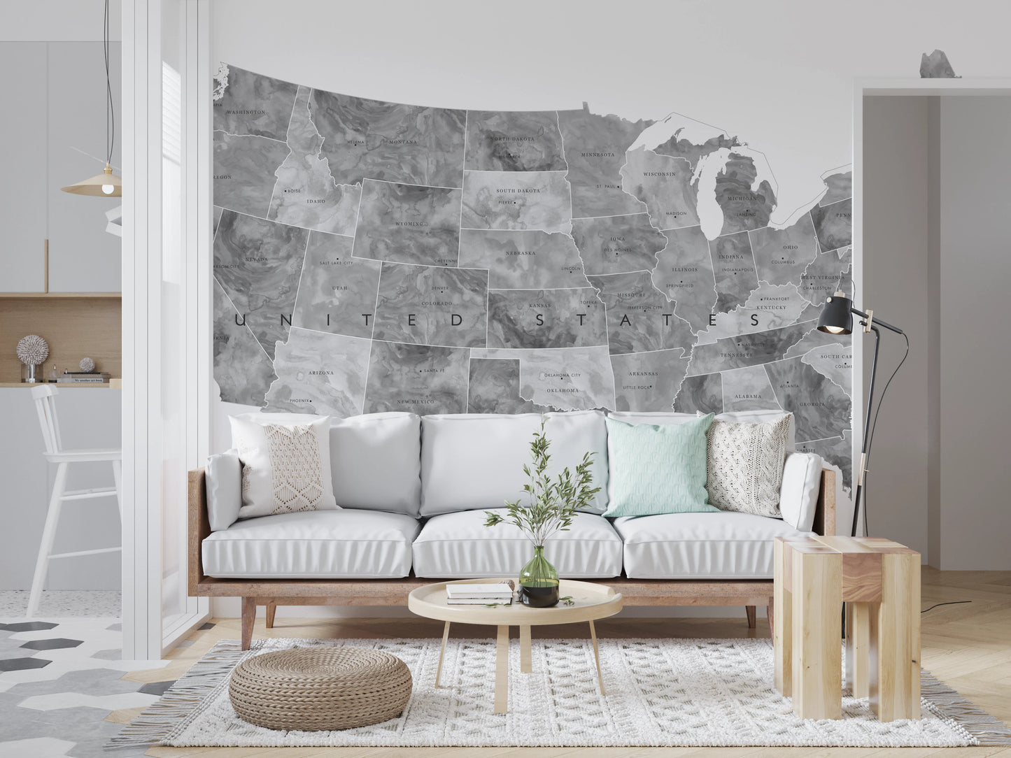 USA map with states and capitals in gray watercolor Wall Mural