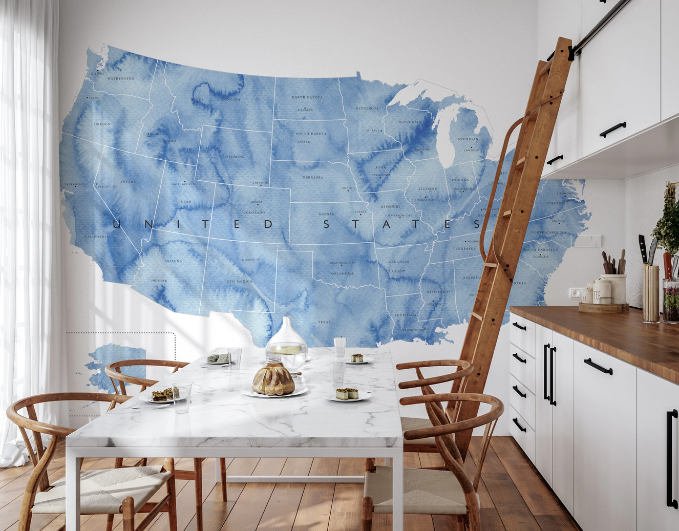 USA map with states and capitals in blue watercolor Wall Mural