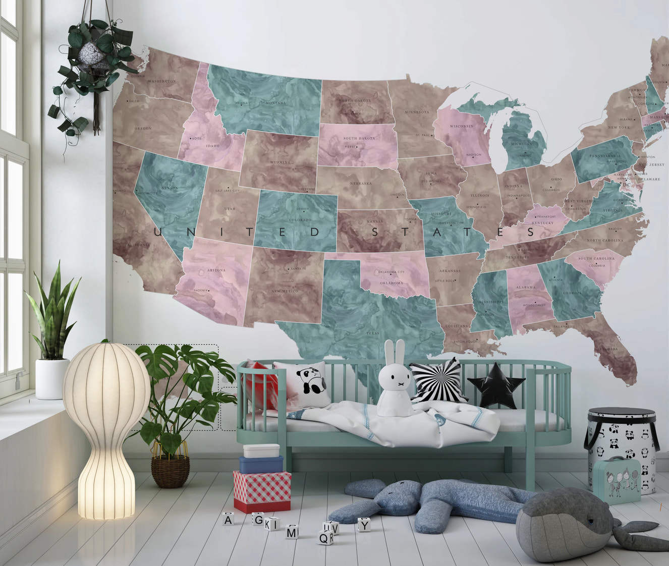 USA map with states and capitals in muted watercolor Wall Mural