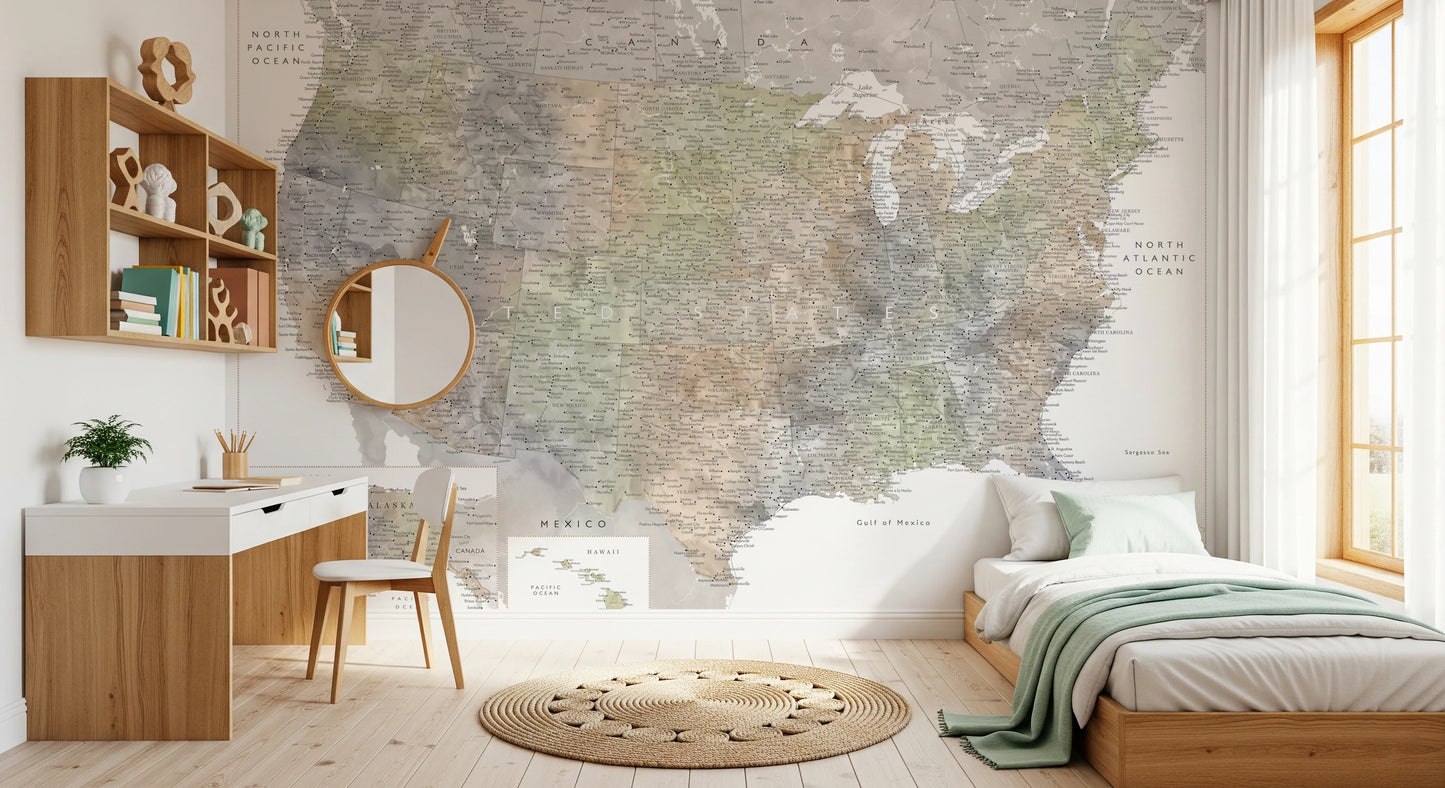 Detailed map of the USA with cities in muted watercolor, HABIKI Wall Mural