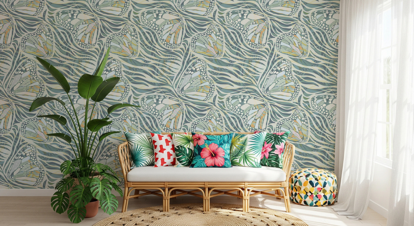 Zebra Butterfly Bloom • Maximalist Boho in Green Pastels Wallpaper⁠