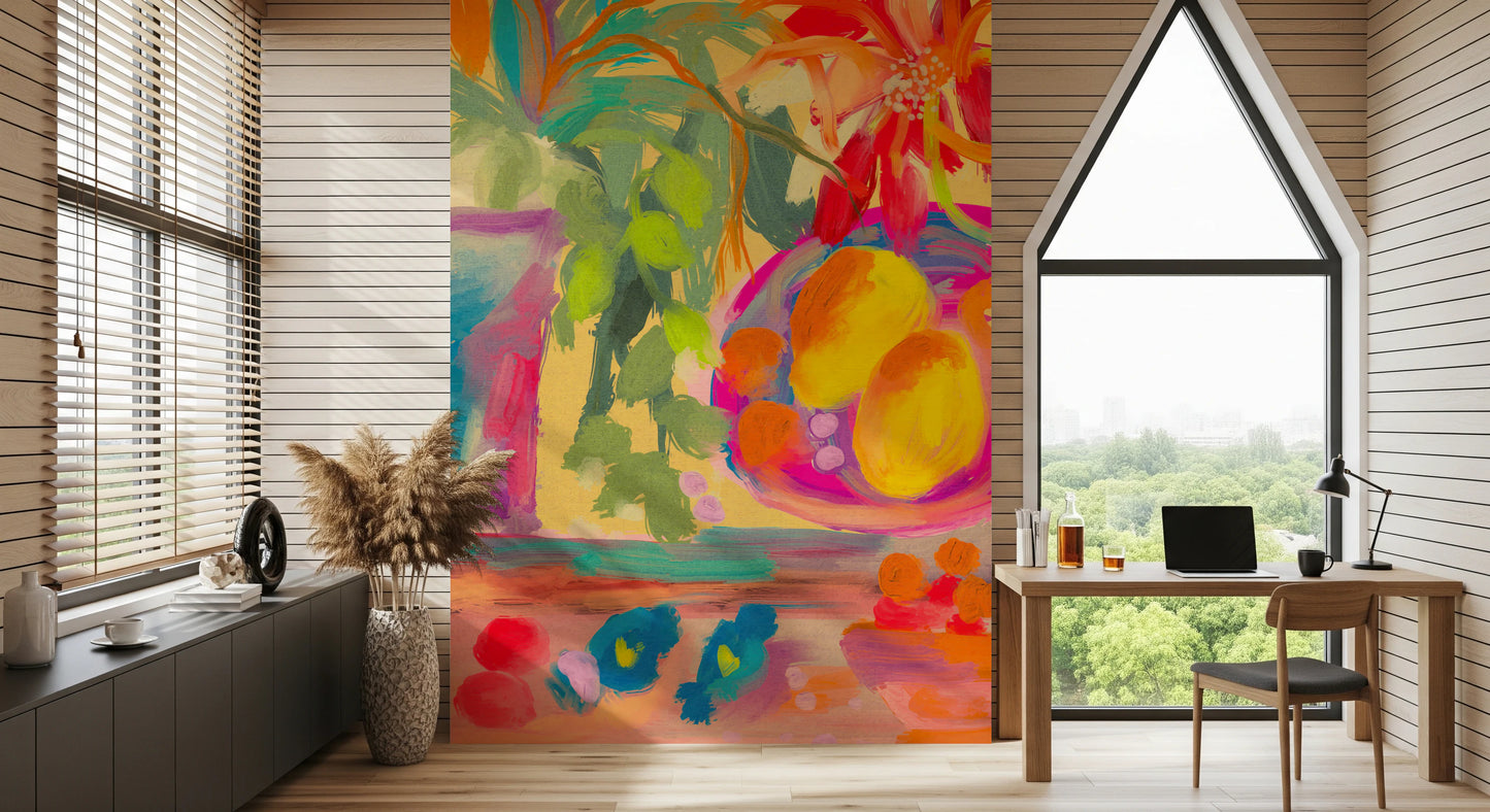Colorful Abstract Stillife with Flowers and Lemons Wall Mural
