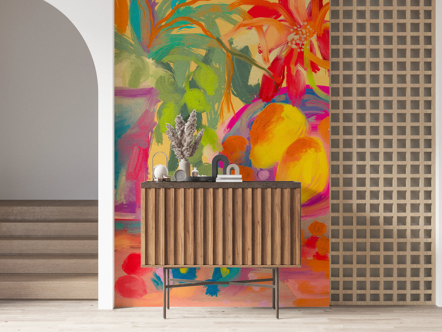 Colorful Abstract Stillife with Flowers and Lemons Wall Mural