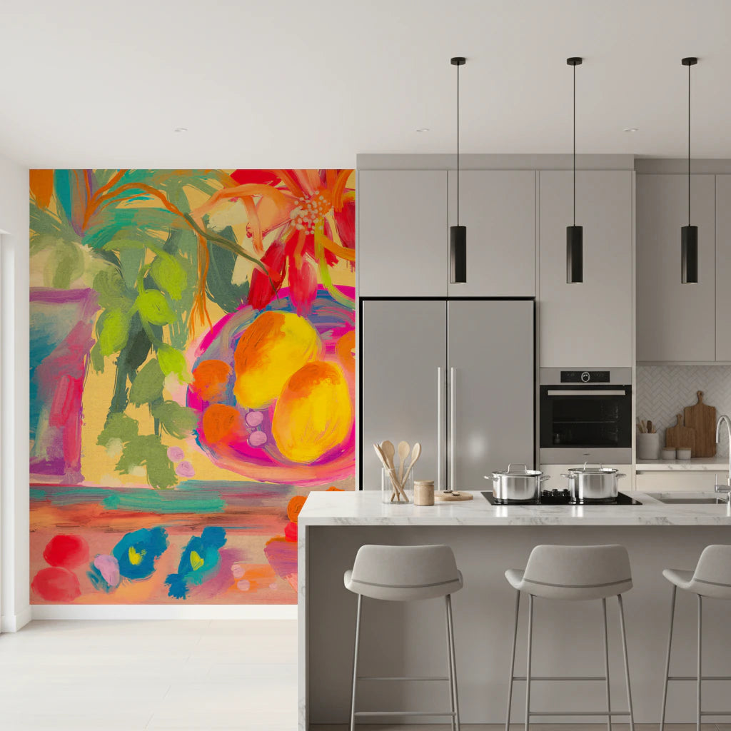 Colorful Abstract Stillife with Flowers and Lemons Wall Mural