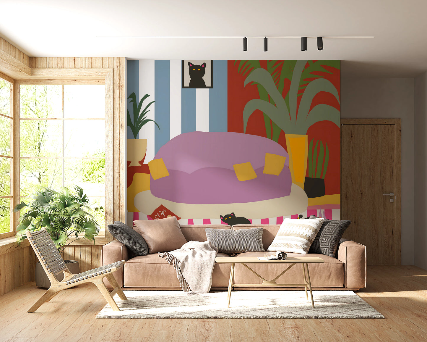Cozy Cat Life Living Room Striped  Wall Mural