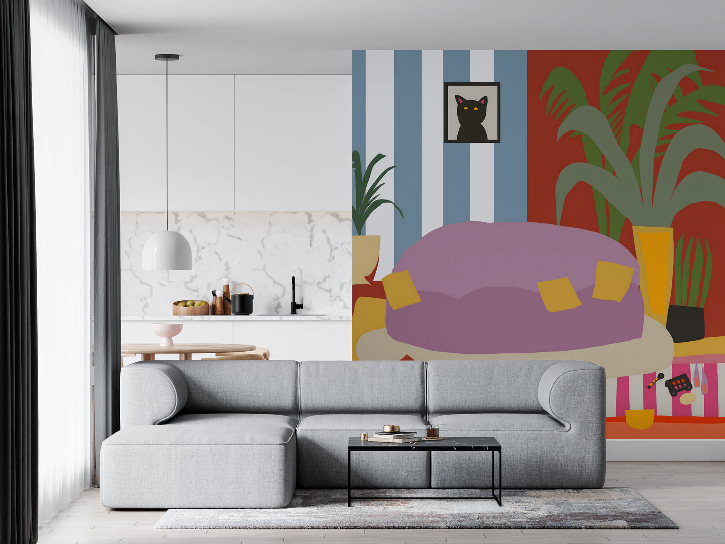 Cozy Cat Life Living Room Striped  Wall Mural