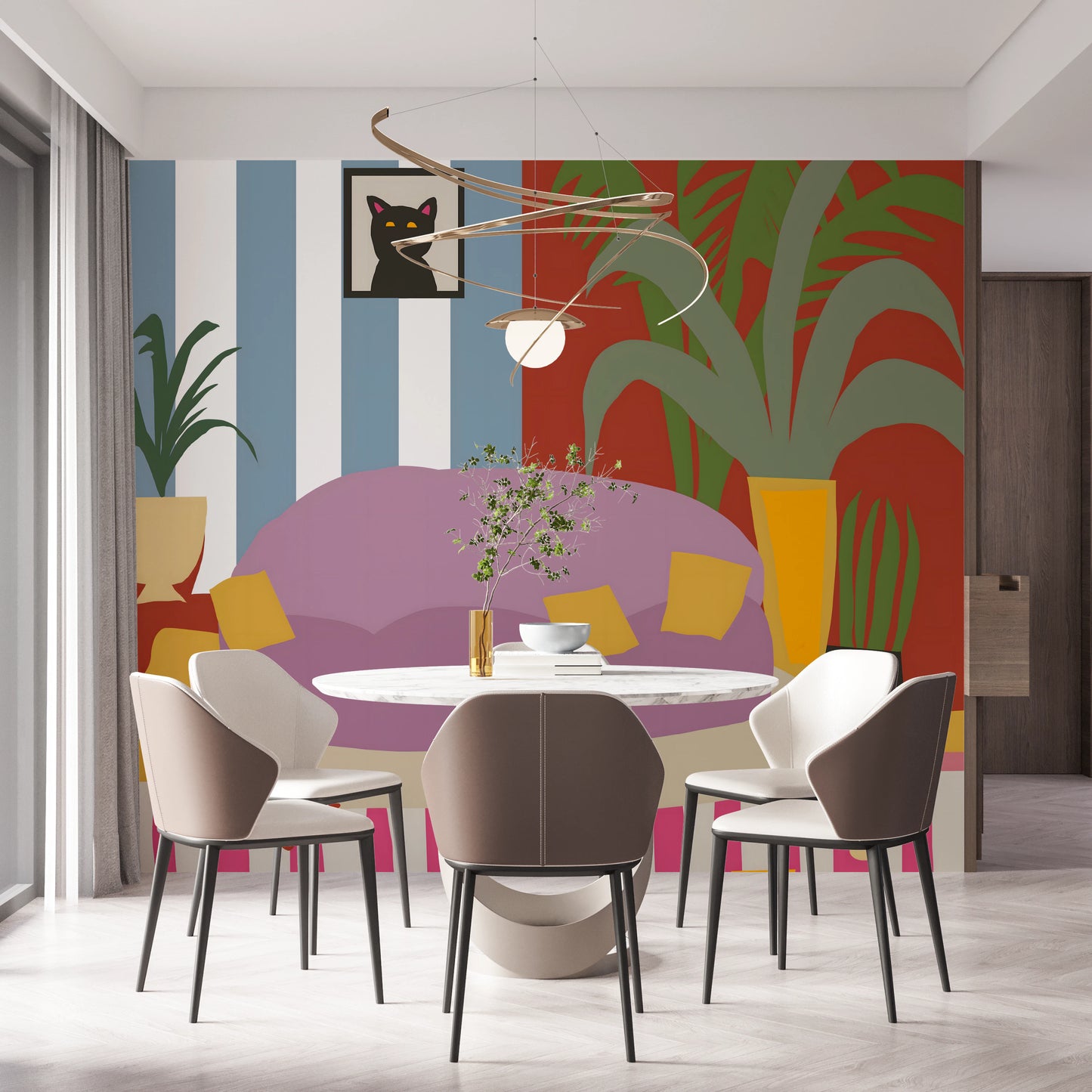 Cozy Cat Life Living Room Striped  Wall Mural