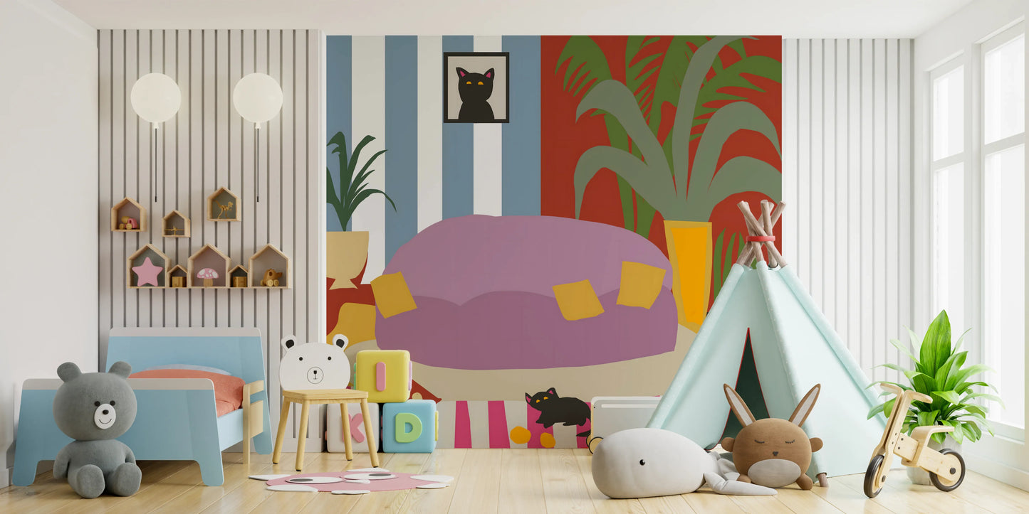 Cozy Cat Life Living Room Striped  Wall Mural