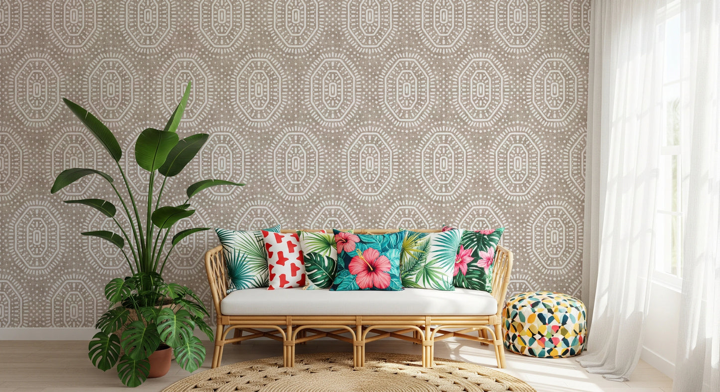 Boho Octagons Crochet Grunge Earthy Beige Wallpaper⁠