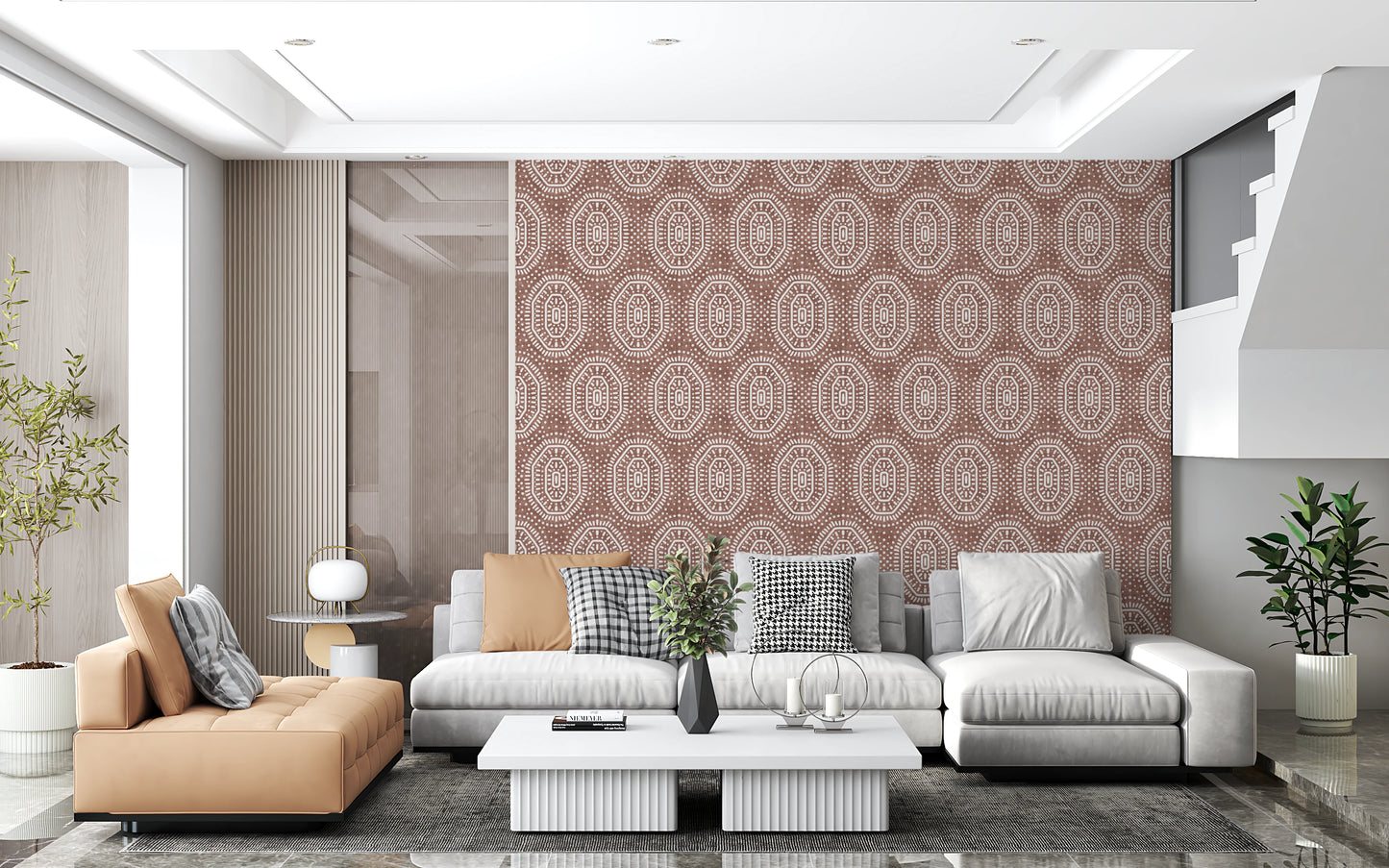 Boho Octagons Crochet Grunge Terracotta Red Wallpaper⁠