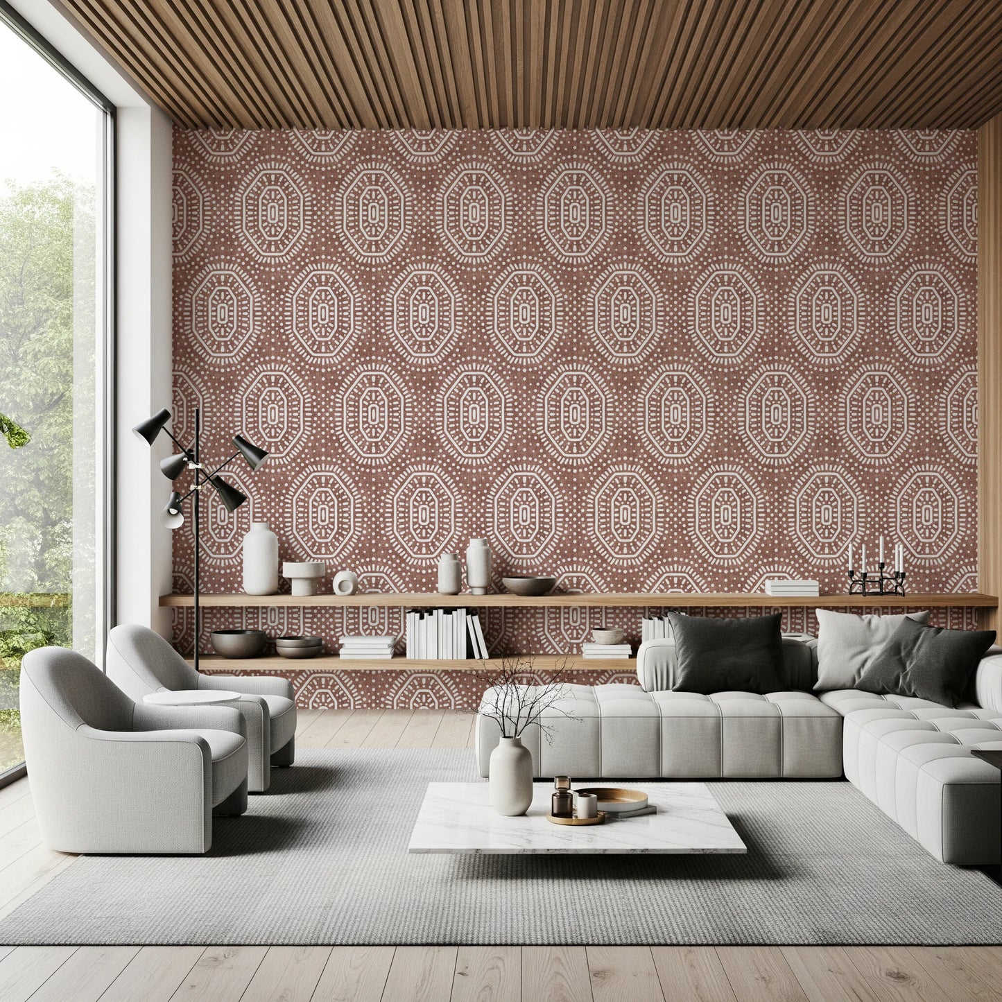 Boho Octagons Crochet Grunge Terracotta Red Wallpaper⁠