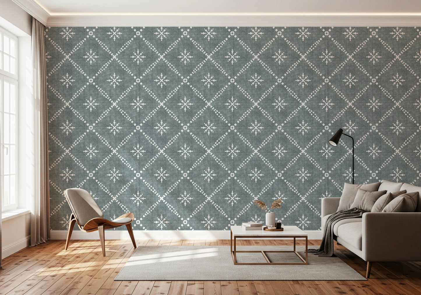 Boho Dotted Lattice Grunge Calming Blue Wallpaper⁠