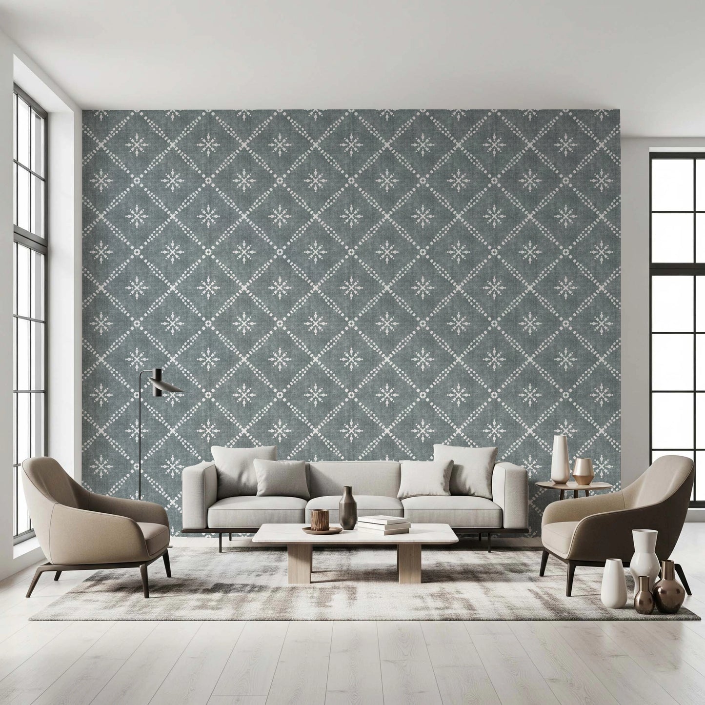 Boho Dotted Lattice Grunge Calming Blue Wallpaper⁠