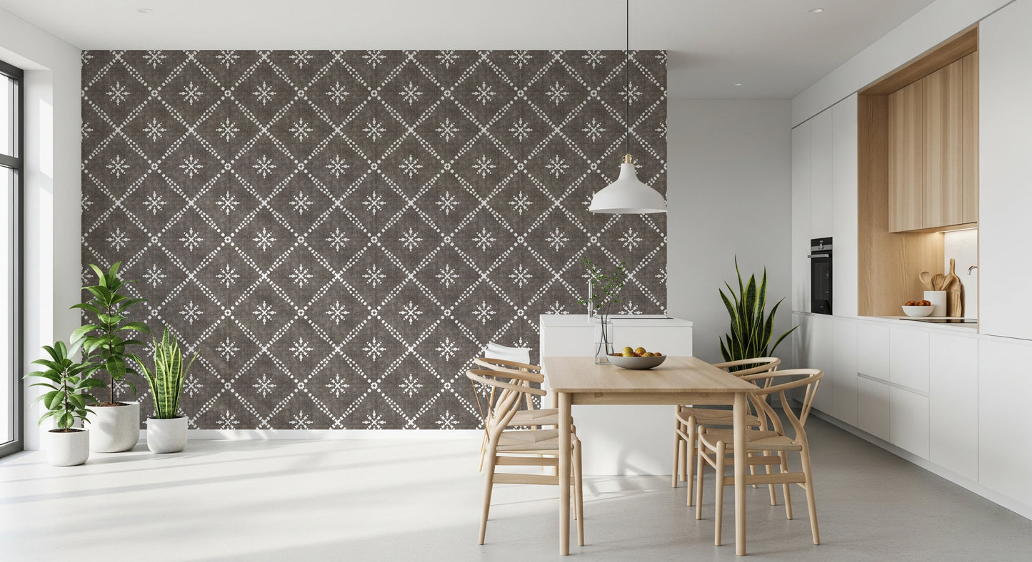 Boho Dotted Lattice Grunge Dark Bark Wallpaper⁠