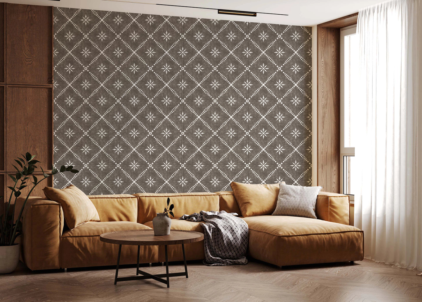 Boho Dotted Lattice Grunge Dark Bark Wallpaper⁠