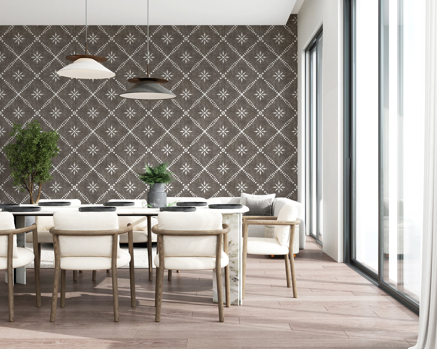 Boho Dotted Lattice Grunge Dark Bark Wallpaper⁠
