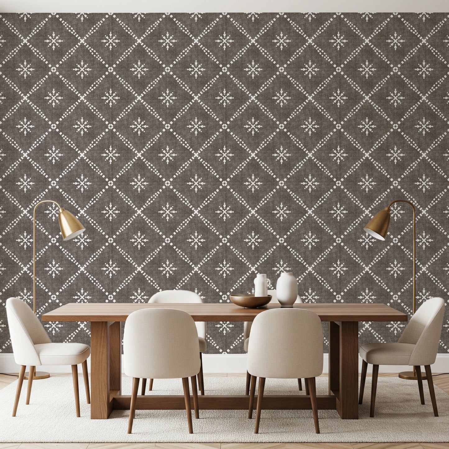 Boho Dotted Lattice Grunge Dark Bark Wallpaper⁠