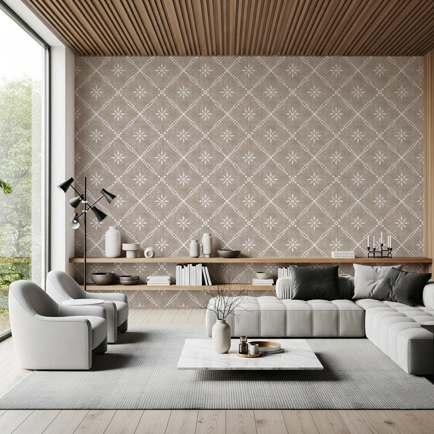 Boho Dotted Lattice Grunge Earthy Beige Wallpaper⁠