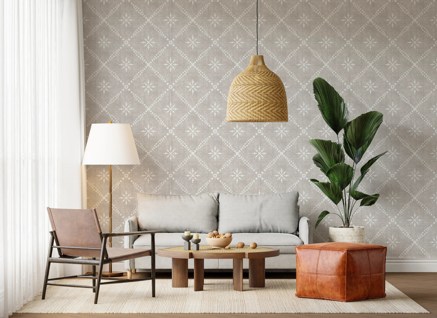 Boho Dotted Lattice Grunge Neutral Wallpaper⁠