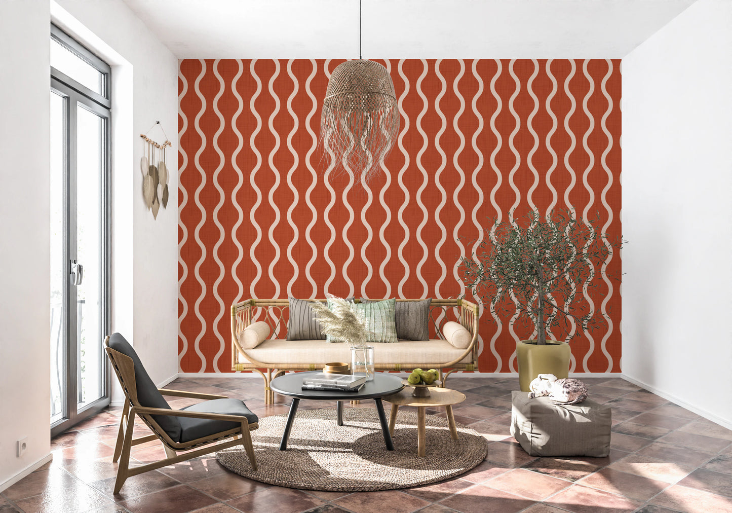 Cozy Scandi Folk Wavy Stripe Burnt Terracotta - Craft Stripe Wallpaper⁠