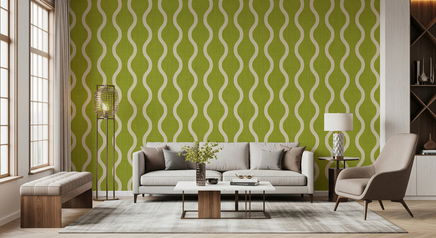 Cozy Scandi Folk Wavy Stripe Olive Chartreuse - Craft Stripe Wallpaper⁠