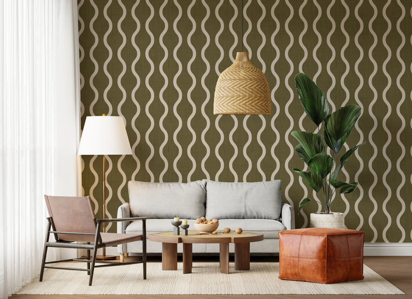 Cozy Scandi Folk Wavy Stripe Earthy Olive - Craft Stripe Wallpaper⁠