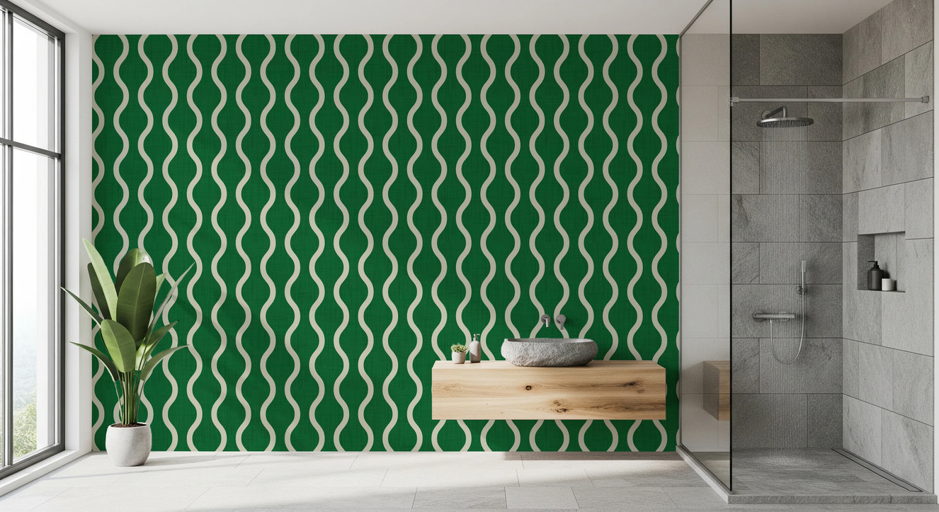 Cozy Scandi Folk Wavy Stripe Forest Green - Craft Stripe Wallpaper⁠