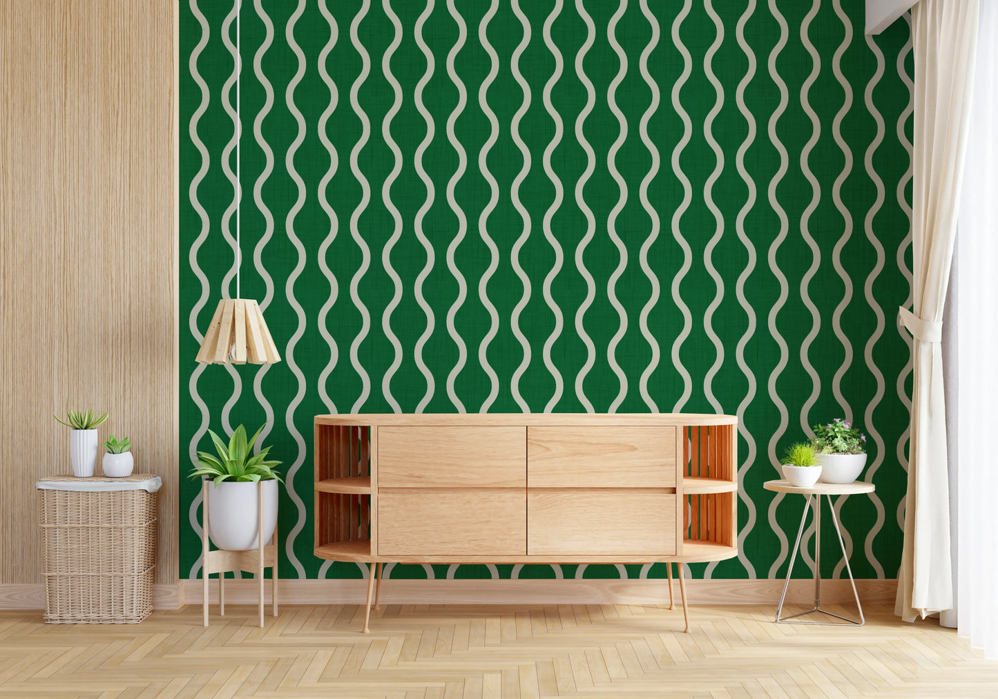 Cozy Scandi Folk Wavy Stripe Forest Green - Craft Stripe Wallpaper⁠