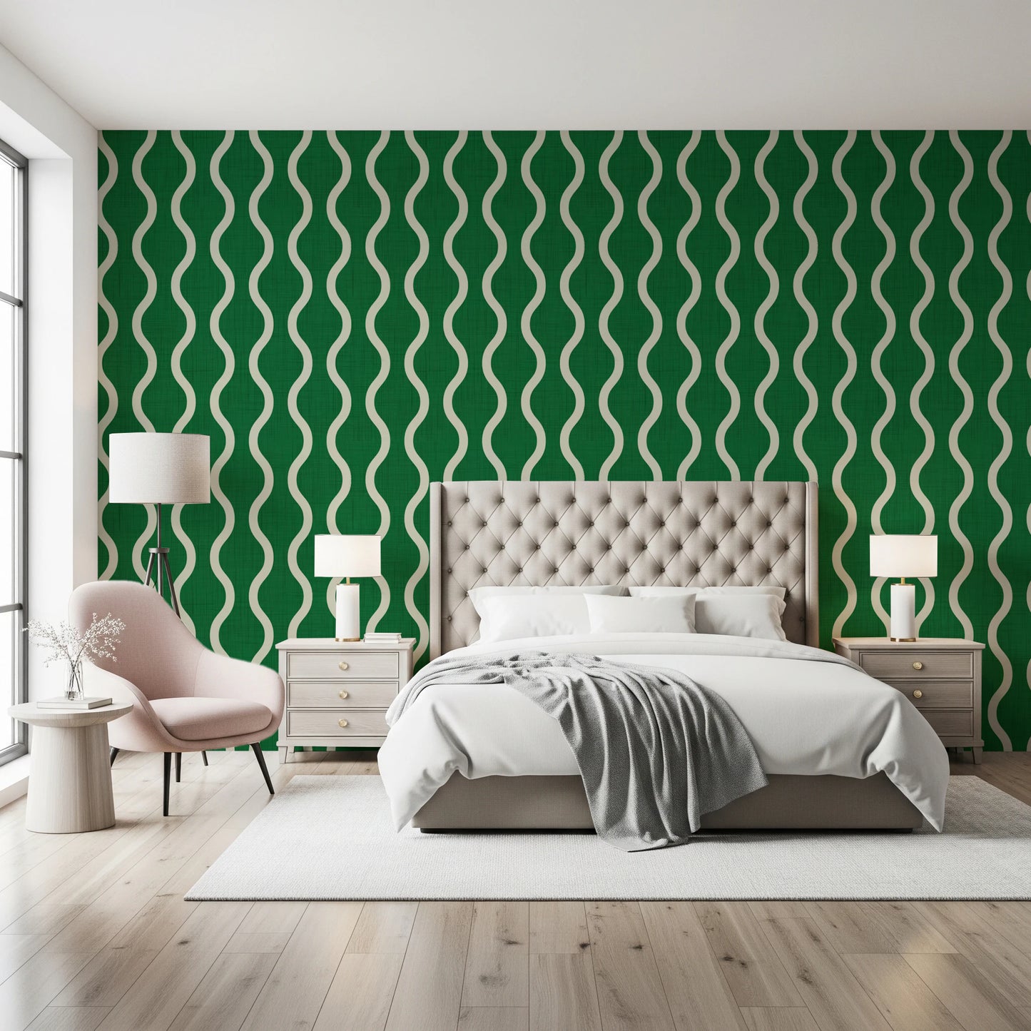 Cozy Scandi Folk Wavy Stripe Forest Green - Craft Stripe Wallpaper⁠
